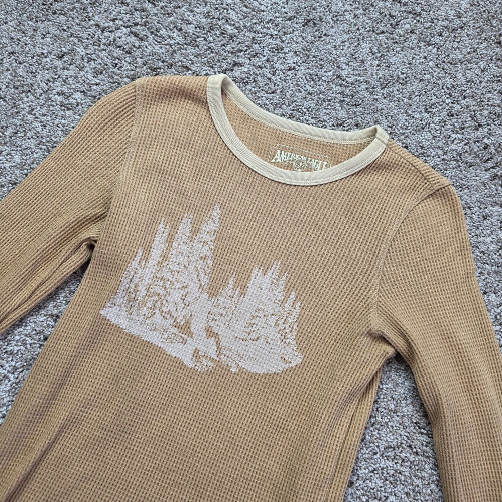VINTAGE American Eagle Waffle Knit Thermal Top Womens S Tan Forest Ringer Y2K